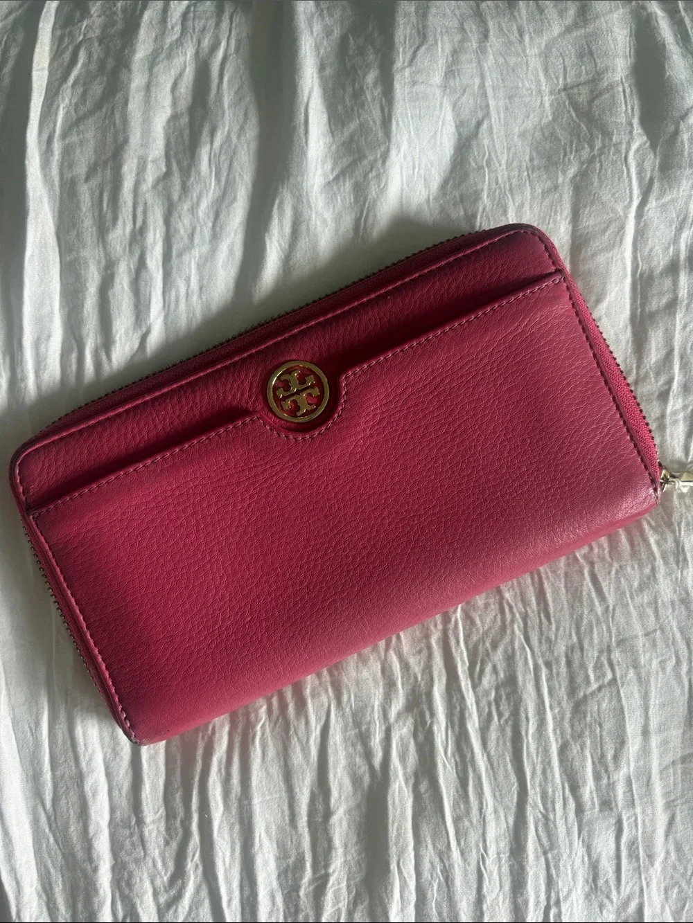 Tory Burch Hot Pink Pebbled Leather Zip Wallet with Gold Logo